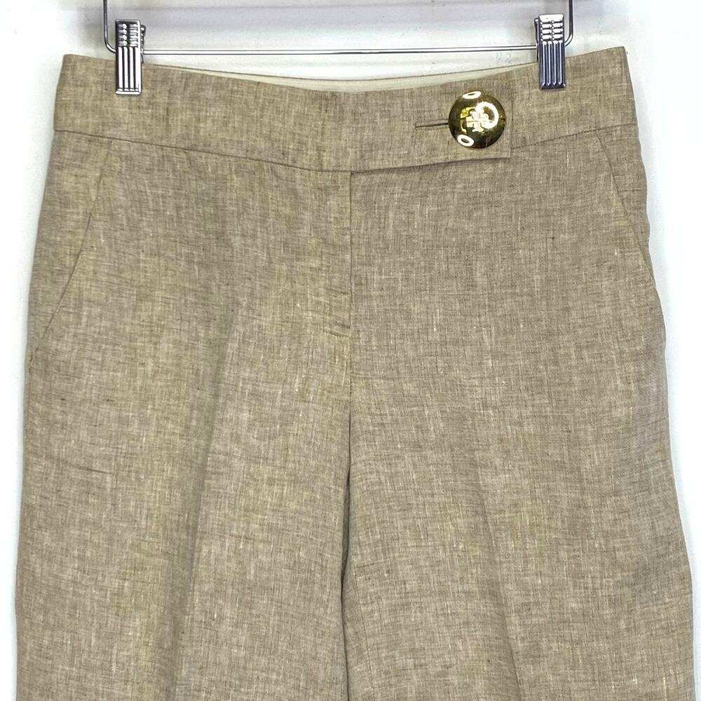 Tory Burch Beige Wide Leg Pants 100% Linen Sz 2 Logo Button Summer Luxury Y2K